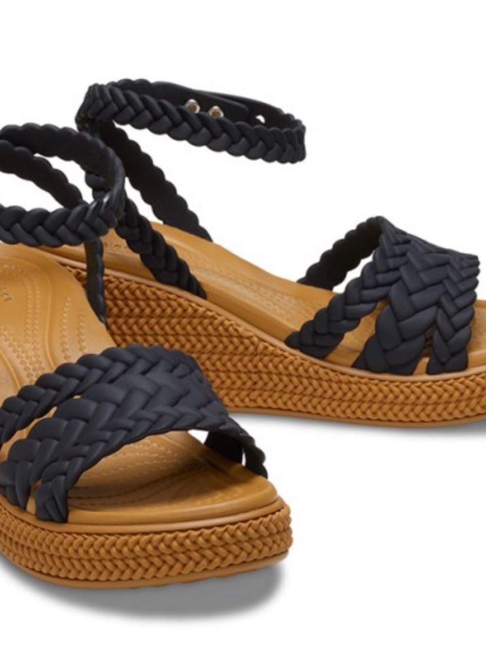 CROCS Braided Ankle-Strap Wedge Sandal in Black and Tan